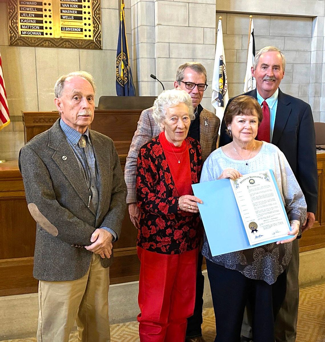Pictured above after signing the Proclamation from left: Greg McClure, Judy Coe, Governor Jim Pillen, Mickie (Oldfield) Clements, Rick Clements.